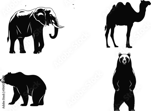 Black and white animal silhouettes featuring elephant, camel, and bear in different postures for wildlife illustration design
