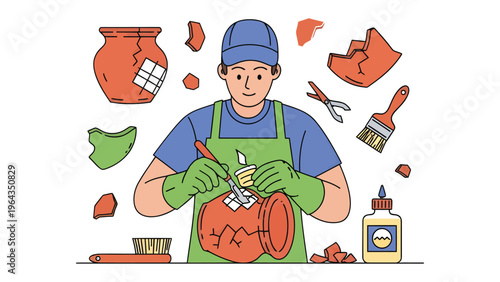 Crafting Antiquity: A skilled artisan meticulously restores a shattered antique vessel, showcasing the art of preservation and historical appreciation. 
