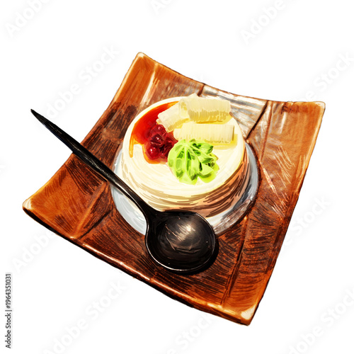 Hand-painted panna cotta milk pudding with matcha cream, red beans, and white chocolate curls on a wooden plate, isolated on transparent background.