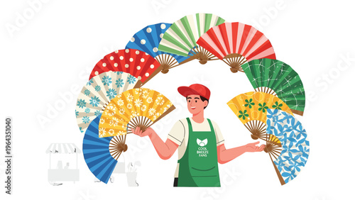 Artisan Fan Display: A smiling artisan, dressed in a green apron, showcases an array of colorful, hand-crafted fans. A symbol of artistry and the celebration of craftsmanship.