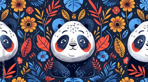 Playful pandas amidst colorful tropical leaves and flowers in a lively, cheerful design