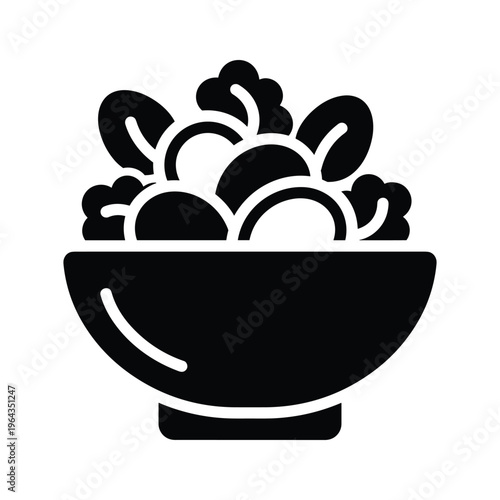 Simple black icon of a bowl of salad with leaves and round pieces