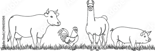 Black and white farm animal line drawing illustration featuring cow, rooster, llama, and pig for coloring books