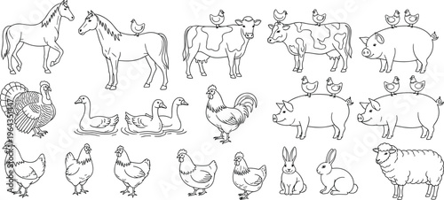 Black and white farm animal illustration with horses, cows, pigs, chickens, ducks, rabbits, sheep, turkey, roosters