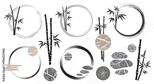 Japanese Zen Wabi-Sabi Motifs and Minimalist Enso Vector Borders