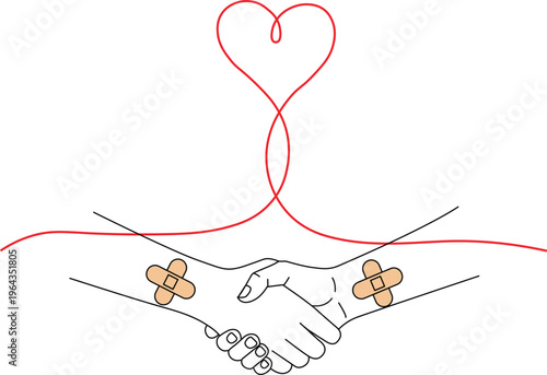 Two hands shaking with bandages on wrists and a red heart line. World Blood Donor Day