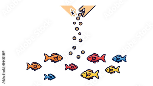 Nourishing the Aquatic Gems: An illustration captures the moment of nurturing life as a hand drops feed down to a group of vibrant fish, showcasing a colorful scene.