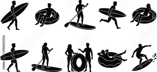 Summer water sports silhouette icon set featuring surfing paddleboarding and people relaxing on inflatable tubes for beach vacation travel posters and outdoor activity graphics