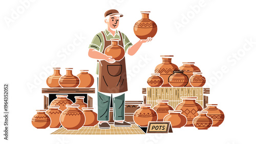 Potter and His Pottery Display: A seasoned potter proudly presents his handcrafted pottery collection, each piece embodying skill, tradition, and the art of creation.
