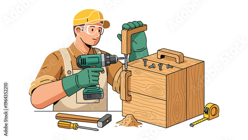Craftsman at Work: A skilled artisan, clad in work attire, meticulously utilizes tools like a screwdriver and tape measure to assemble a wooden box.