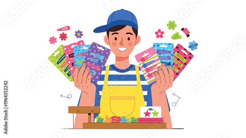 Joyful Vendor with Assortment of Trinkets: A cheerful vendor, adorned in a cap and apron, proudly displays an array of colorful trinkets, from barrettes to novelty items.