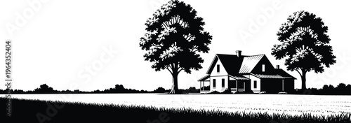 Black and white rural countryside house silhouette with trees, rustic landscape illustration, peaceful nature scene vector art