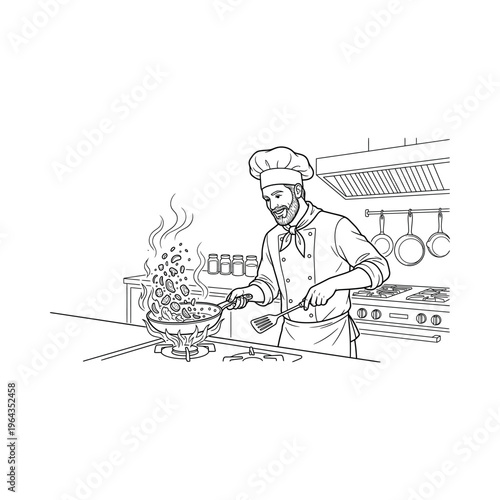 Chef cooking in the kitchen area.