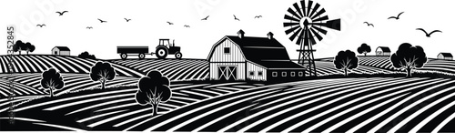 Black and white rural farm landscape with barn, windmill, tractor, cultivated fields, trees, sheds, and flying birds