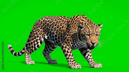 A detailed close-up shot of a jaguar with a green screen background, showcasing its majestic spotted coat and intense gaze, perfect for wildlife documentaries and educational content