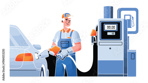 Fueling the Journey: A worker refuels a car at a gas station, symbolizing mobility and convenience. Focus on essential service.