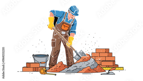 Construction Worker at Work: A construction worker, engrossed in his task, diligently shovels materials amidst a building site.