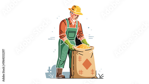 Farmer with Sack of Grain: A hardworking farmer, clad in overalls and a straw hat, carefully handles a heavy sack of grain, demonstrating dedication and agricultural expertise.