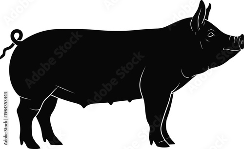 Black silhouette pig livestock sow profile illustration with curled tail, farm animal vector icon for agriculture and food industry