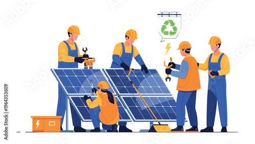 Solar Panel Installation: A team of skilled technicians diligently works together, installing solar panels to harness clean energy, highlighting sustainability and environmental responsibility.