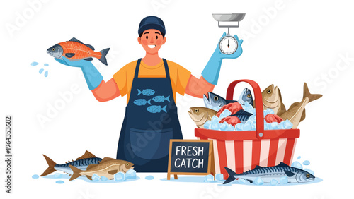Market Fresh Catch: A fishmonger proudly displays a vibrant array of fresh fish, emphasizing the quality and abundance of the daily catch. 