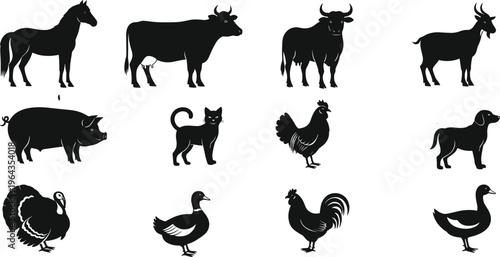 Black silhouettes of farm and domestic animals including horse, cow, goat, pig, cat, dog, rooster, duck, hen