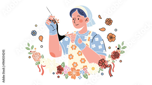 Artisan's Delicate Touch: A serene artisan, meticulously crafting with needle and thread, surrounded by delicate blooms, embodying the grace of handmade artistry and skilled labor.