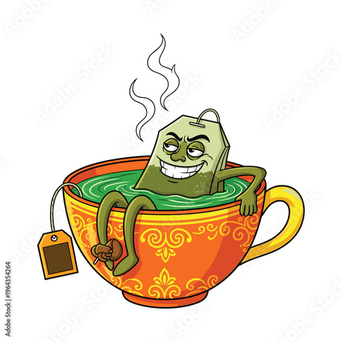 Funny Tea Bag Character Relaxing in a Hot Cup of Green Tea