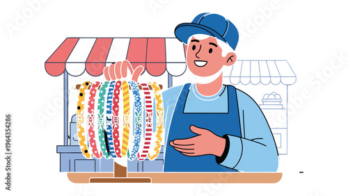 Artisan's Showcase: A craft vendor, stands proudly presenting a vibrant array of handmade bracelets, representing the essence of artistry and the spirit of local markets.