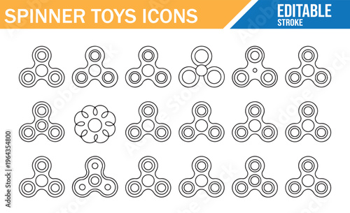 Spinner toys outline icon pack stress relief fidget symbols vector set
