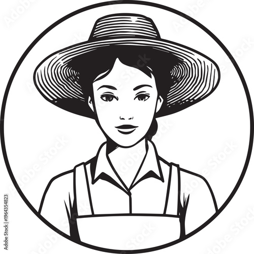 Hand Drawn Beautiful Female Farmer Black and White Illustration in Minimal Solid Art Style Design