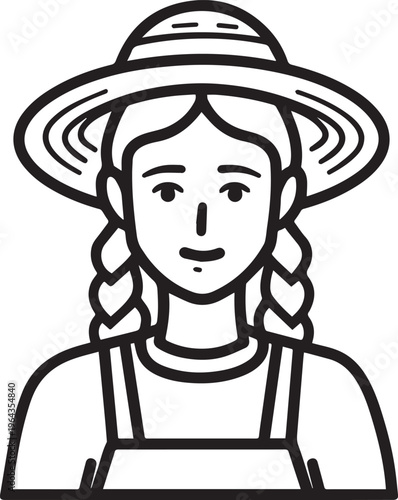 Hand Drawn Beautiful Female Farmer Black and White Illustration in Minimal Solid Art Style Design