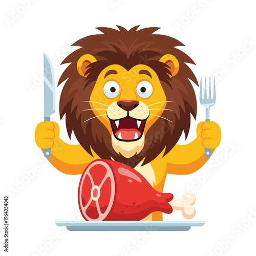Hungry Cartoon Lion with Meat, Knife and Fork on Plate