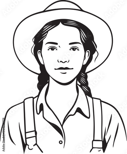 Hand Drawn Beautiful Female Farmer Black and White Illustration in Minimal Solid Art Style Design