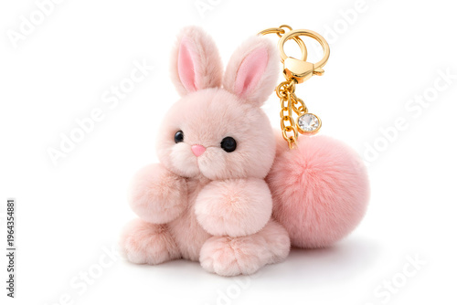 Cute Fluffy Bunny Plush Keychain with Pom Pom Isolated on White Background, Soft Toy Bag Charm Accessory