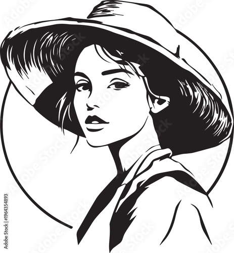 Hand Drawn Beautiful Female Farmer Black and White Illustration in Minimal Solid Art Style Design