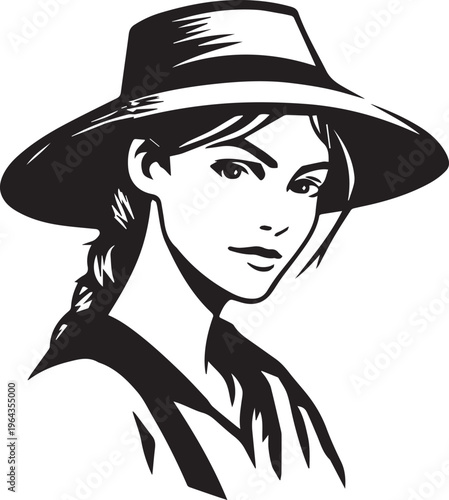 Hand Drawn Beautiful Female Farmer Black and White Illustration in Minimal Solid Art Style Design