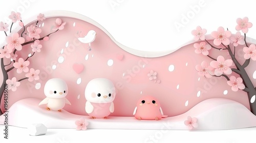 Delightful arctic wildlife  penguins, birds, and a seal amidst a floral icy wonderland