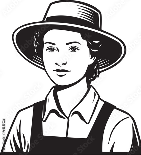 Hand Drawn Beautiful Female Farmer Black and White Illustration in Minimal Solid Art Style Design