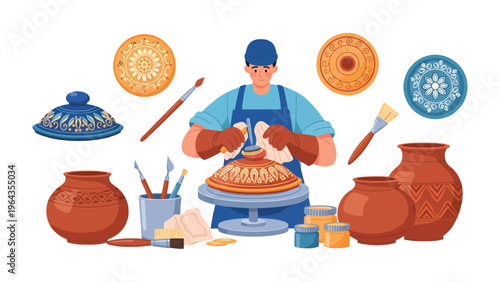 The Art of Pottery: A skilled artisan meticulously crafts pottery, shaping clay into exquisite forms using traditional techniques, a celebration of artistry and handmade craftsmanship.