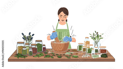 Botanical Alchemist's Study: An artisan focuses intently, grinding herbs with precision amidst a collection of botanical ingredients and glass jars, conjuring the essence of natural healing.