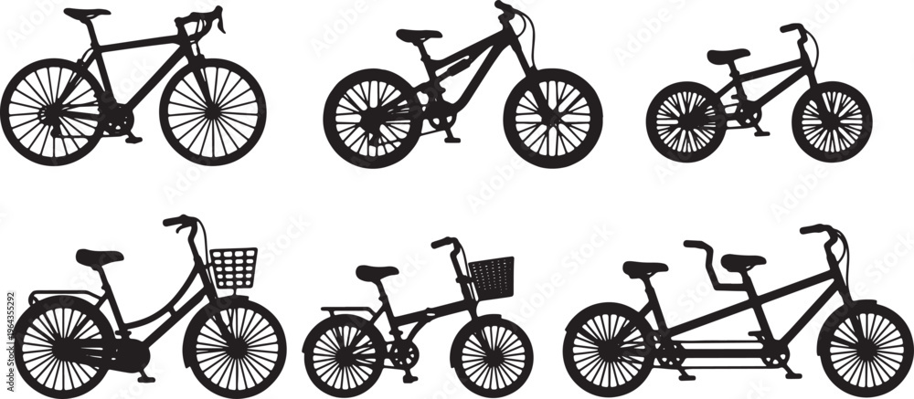 Obraz premium Set of Six Various Bicycle Type Black Solid Silhouettes