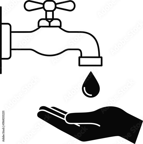 Hand turning off black water tap with dripping leak isolated on white background