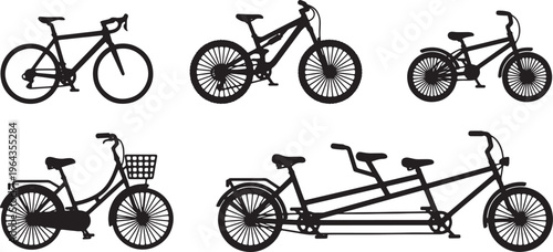 Set of Six Various Bicycle Type Black Solid Silhouettes