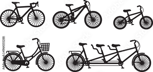 Set of Six Various Bicycle Type Black Solid Silhouettes