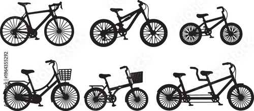 Set of Six Various Bicycle Type Black Solid Silhouettes