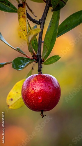 Ripe Crabapple Hanging from Branch in Autumn Light.