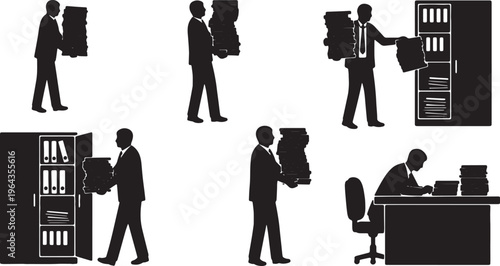 Office Bureaucracy and Document Handling Silhouettes Set