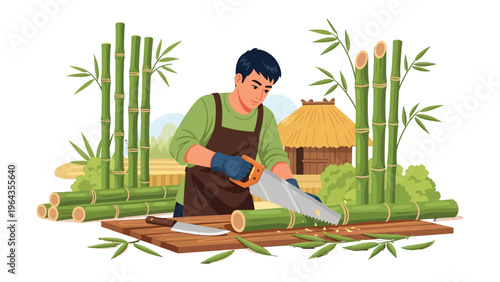 Bamboo Craftsmanship: A craftsman skillfully saws through a bamboo log amidst a backdrop of bamboo stalks and a traditional dwelling, embodying the art of sustainable construction.