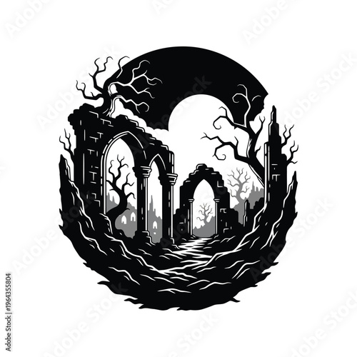 Abandoned Gothic Archway Ruin Landscape.